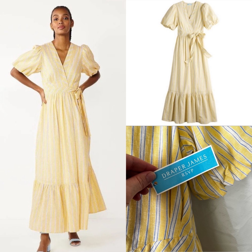 NWT Draper James Linen Blend Yellow & Blue Striped Puff Sleeve Maxi Dress size M